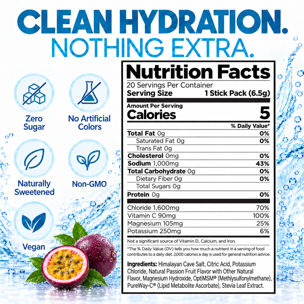H2O ELECTROLYTES™ - Passion Fruit | Zero Sugar Electrolyte Powder